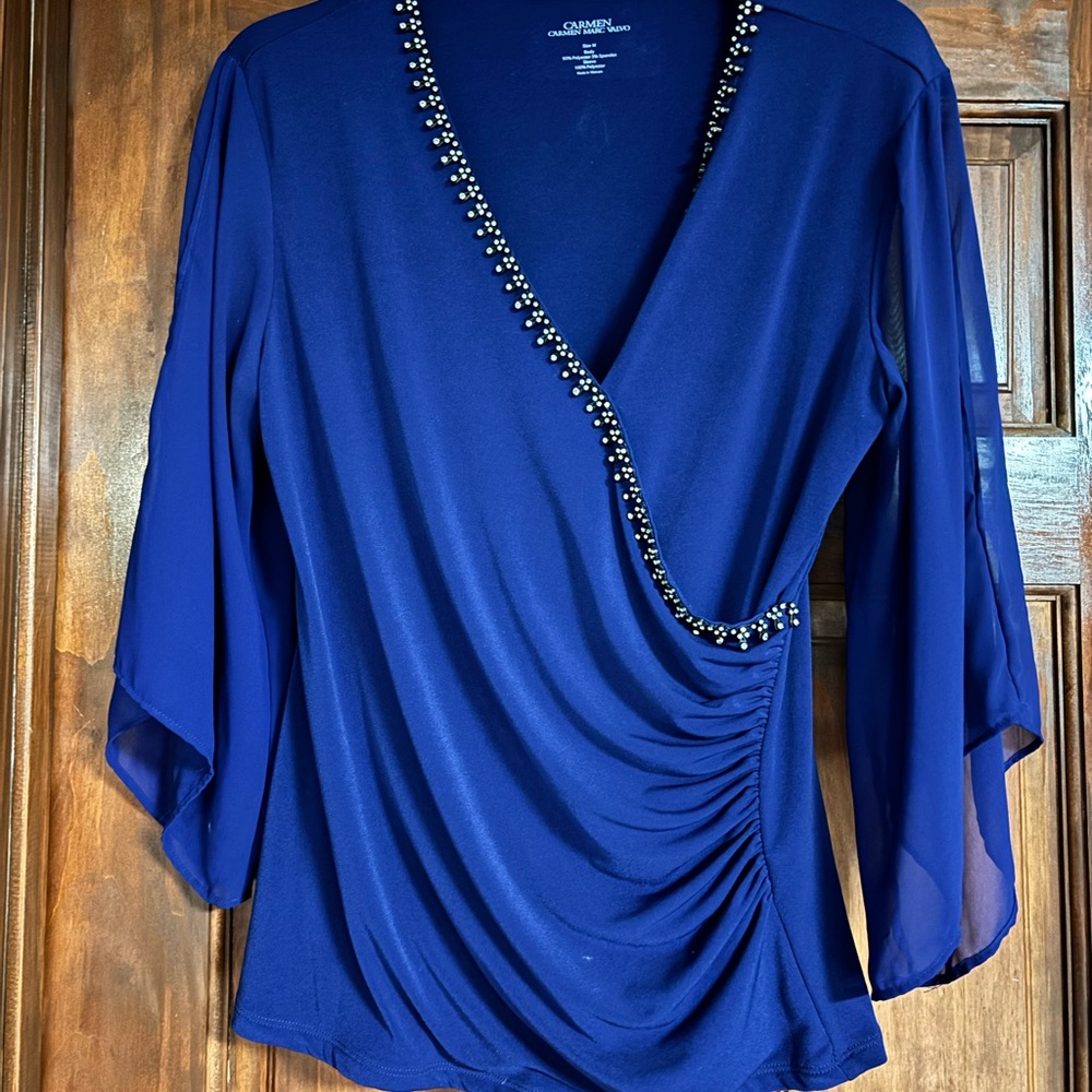 Carmen Marc Valvo Royal Blue Beaded Blouse
